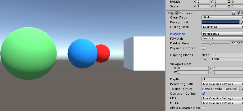 Screenshot of unity scene with perspective camera