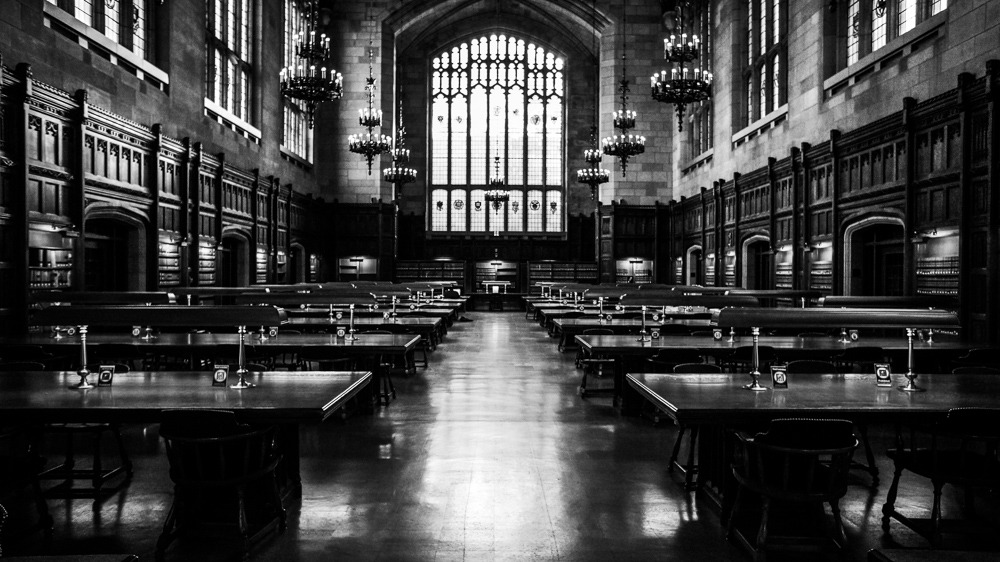 An image of University Of Michigan's Law library shot with strong single point perspective